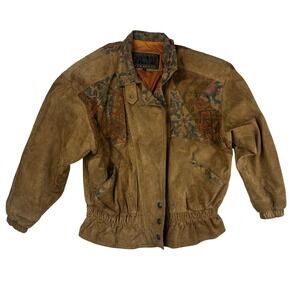 Laurice Vintage Brown Suede Leather Tapestry Patchwork‎ Bomber Jacket Large